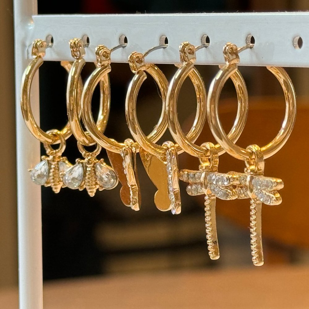 Set of 6 Fun Gold Tone Hoops with Rhinestone Charms Butterfly Bee Dragonfly New